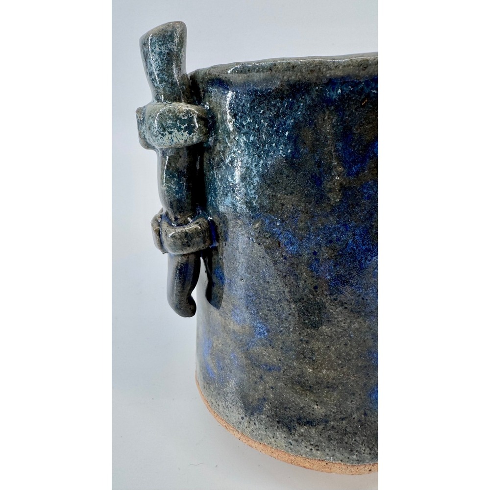 Handmade Ceramic Mug Dark Blue Glaze Textured Handle Pottery Drinkware Bamboo - Picture 6 of 13